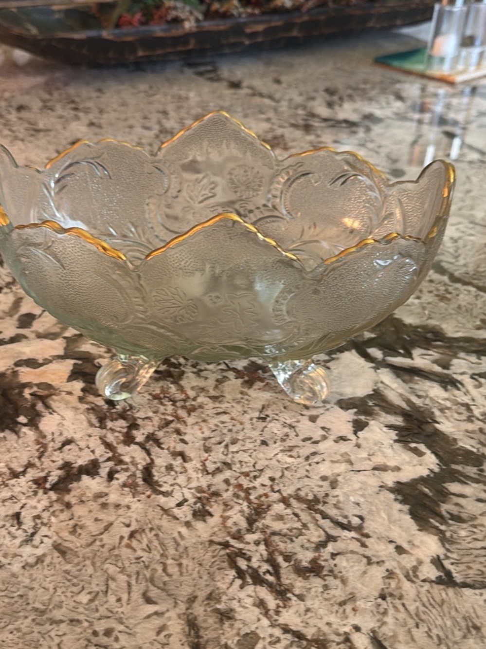 Source Unknown Clear Glass Footed Bowl with Gold Trim